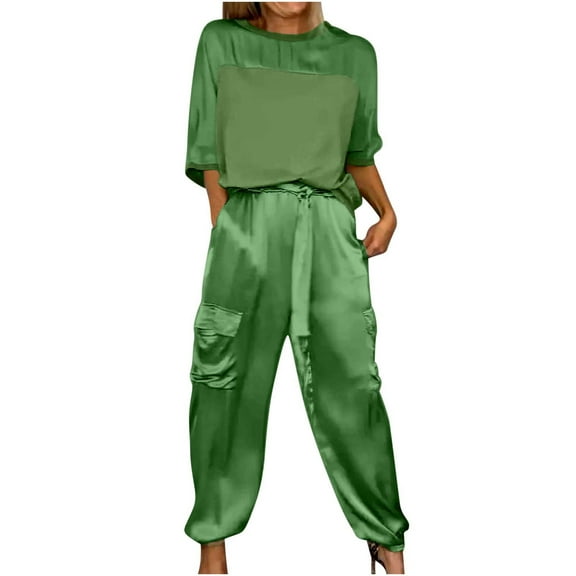 Wioihee Sets for Women Spring and Summer Outfits for Women 2024 Travel Wide Leg Pant Summer Two Piece Sets Sets with Pockets Green 8(L)