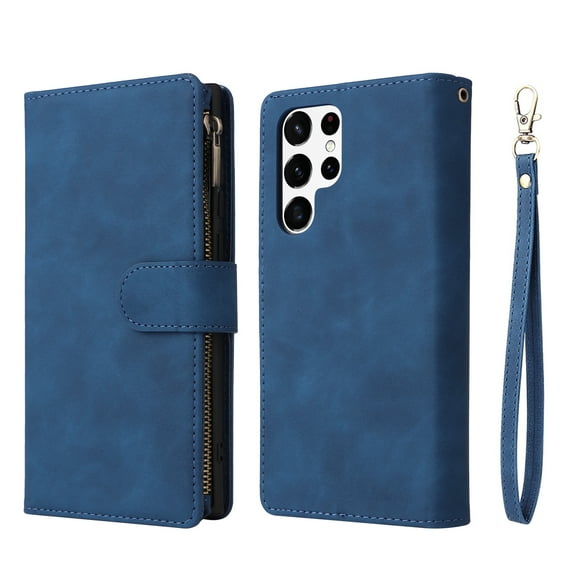 Allytech 2 in 1 Wallet Case for Samsung Galaxy S25, Luxury PU Leather Zipper Wallet Kickstand Cover with Card Slots & Lanyard & Photo Pocket, Magnetic Buttons Buckle Shockproof Case - Blue