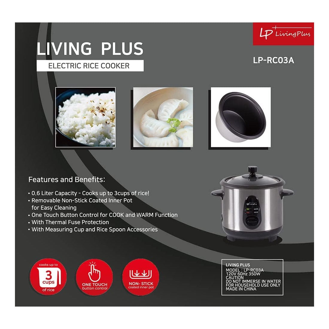 LP Living Plus Electric Rice Cooker, Non Stick Coating, One Touch Button (0.6L/3Cup)