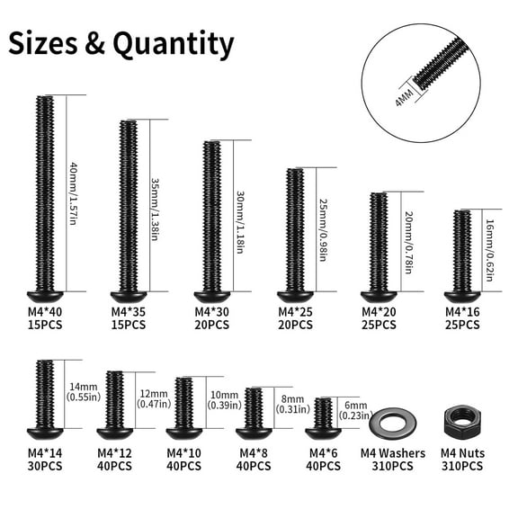 GHRTGR-930 Pcs M4 Screw Assortment, M4 Bolts and Nuts Kit, Hex Socket Button Head Cap Screws and Nuts and Washers Set, Metric Machine Screw Assortment Kit, Black Round Head Assorted Screws Nuts