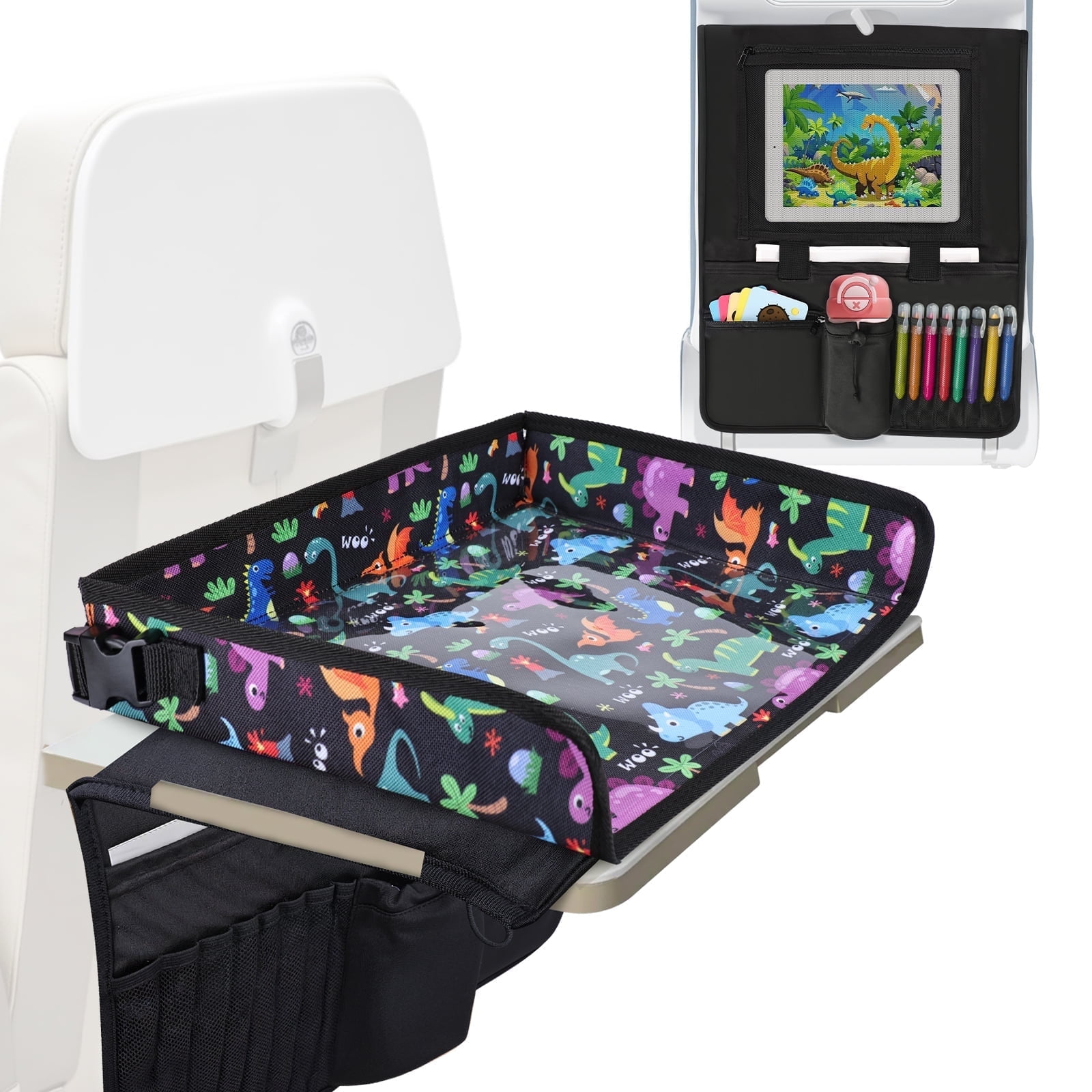 Kids Travel Tray Table Cover with Tablet Holder, Plane essentials for Toddler, Airplane Travel Tray with Pockets, Travel Essential Must-Haves for Train and Flying Supplies, Black