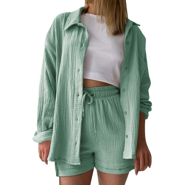 UANWENN Chemise à Manches Longues Unie pour Femmes Printemps Taille Haute Shorts à Cordon Grande Mode Décontractée Ensemble de Maillot de Bain Tech pour Femmes Robe de Couverture de Maillot de Bain Aguichant