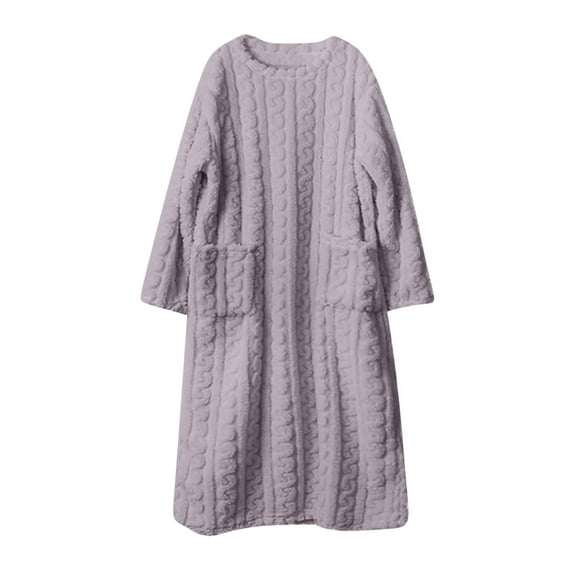 Lorytime Fleece Robes for Women Plus Size Nightgown Crewneck Long Sleeve Pajamas with Pockets Sleepwear Purple L