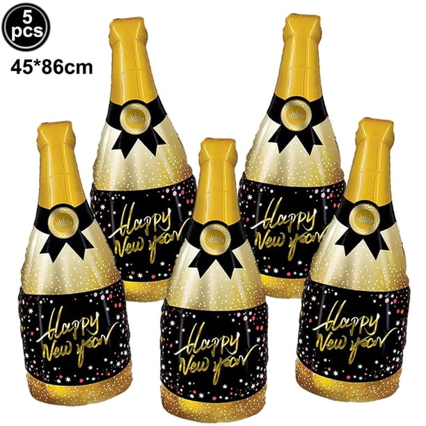 Kits de globos de Feliz Año Nuevo, 5 piezas, botella de vino champán, globo de Estrella Brillante, suministros de decoraciones para fiesta de Nochevieja 2024