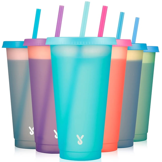 Vasos para bebidas frías Meoky Cute, que cambian de color, 700 ml, con tapas y pajitas