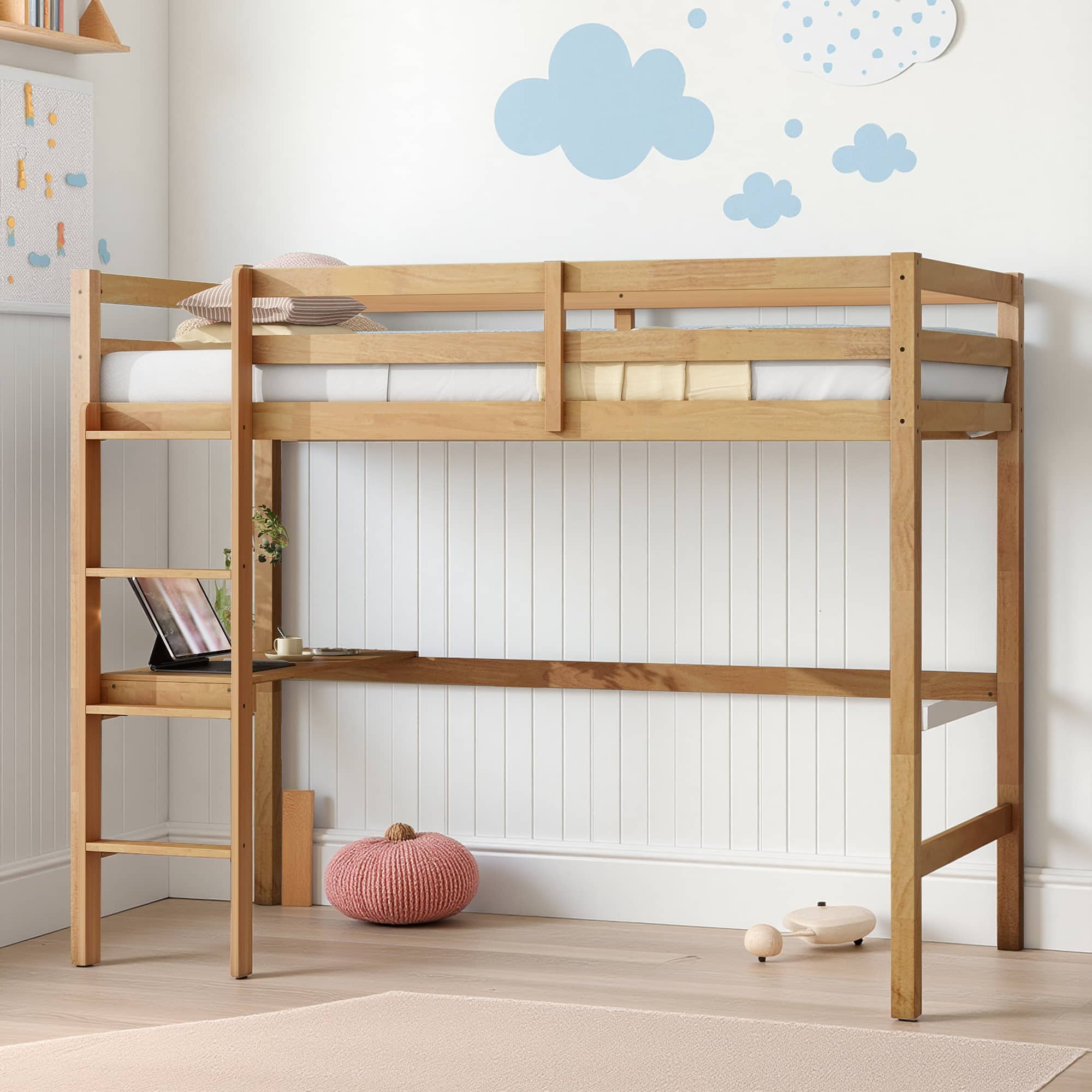 MAYEERTY Twin High Loft Bed, Rubber Wood Bed Frame with Guardrail, Built-in Desk, White Oak