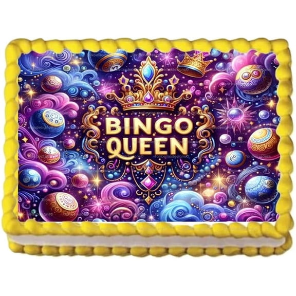 Bingo Queen Cake Image Topper, Funny Bingo Birthday Cake Decoration, Personalized 1/4 Sheet Edible Cake Banner for Bingo Theme Parties