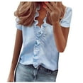 thumbnail image 2 of iHengLiXing Spring Tops for Womens Dressy Casual Women's Casual Solid Color Ruffle Collar Long Sleeve Ruffle Shirt Blouse V-Neck Short Sleeve Shirt Tops Blue S, 2 of 8