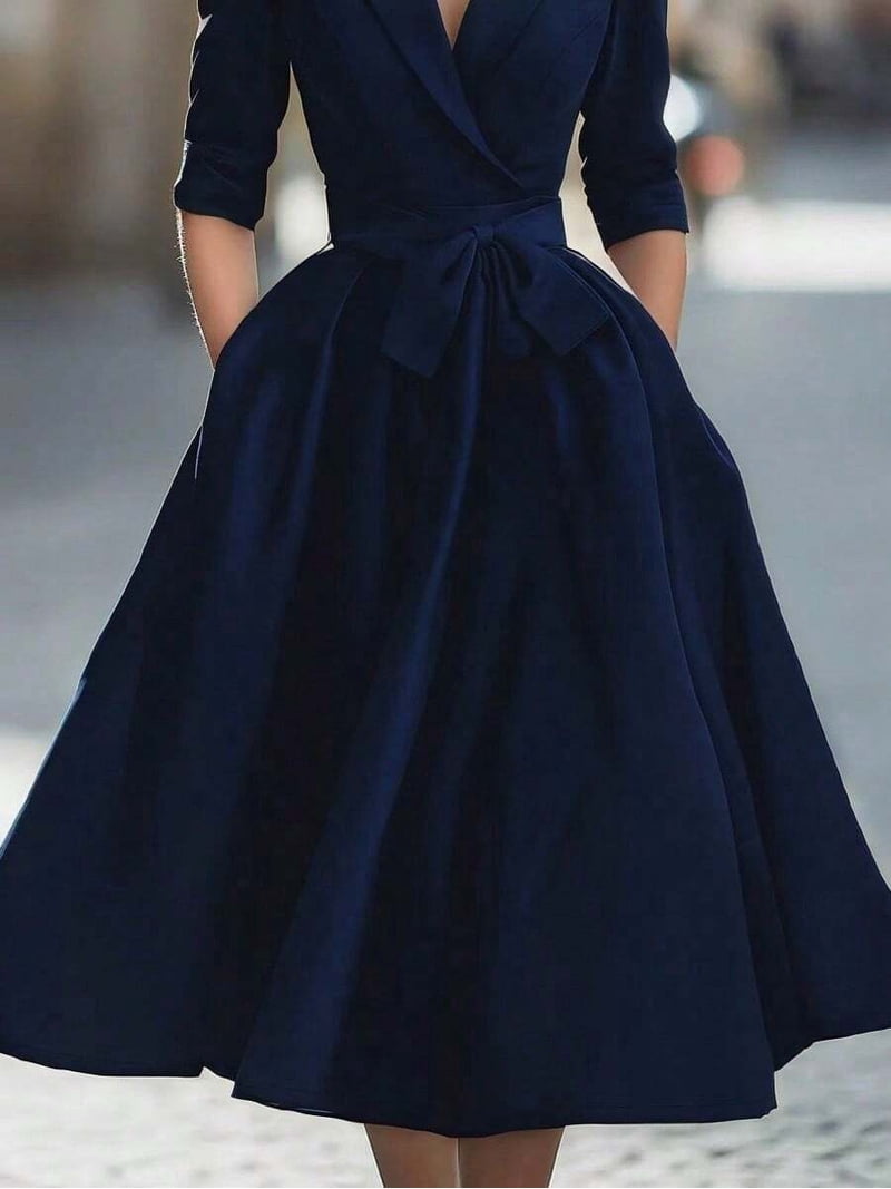 Royal Blue Womens Elegant Wrap Lapel Notch Collar Bow Belt Flared Midi Dress