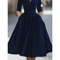 thumbnail image 4 of Royal Blue Womens Elegant Wrap Lapel Notch Collar Bow Belt Flared Midi Dress, 4 of 4