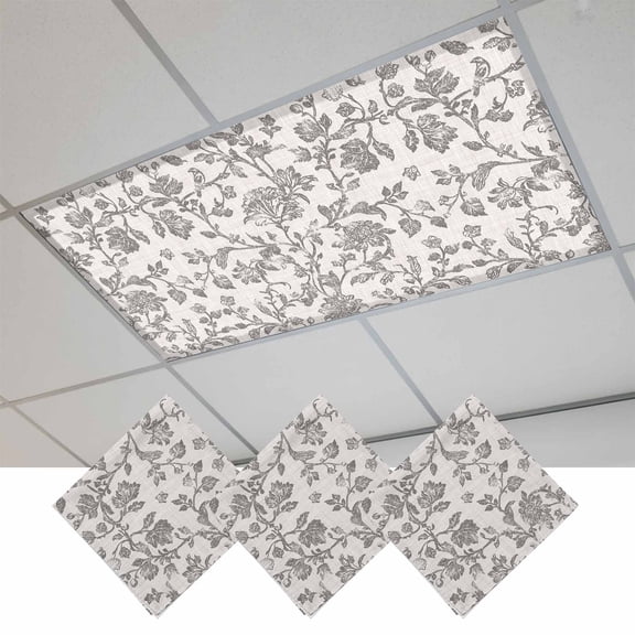 Farmhouse Grey Fluorescent Light Covers, Vintage Flower Leaf Botanical Plant Magnetic Light Covers for Ceiling Lights, Fluorescent Ceiling Shade Filters for Classroom Bedroom Office 4x2Ft x 3PCS
