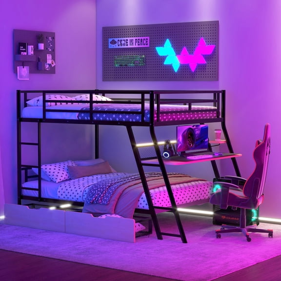 Full Size Adjustable Bed Base, Full Size Metal Bunk Bed with Built-in Desk, Light and 2 Drawers, Black, Black Bed Frames,Metal & Wood Platform Bed Frames