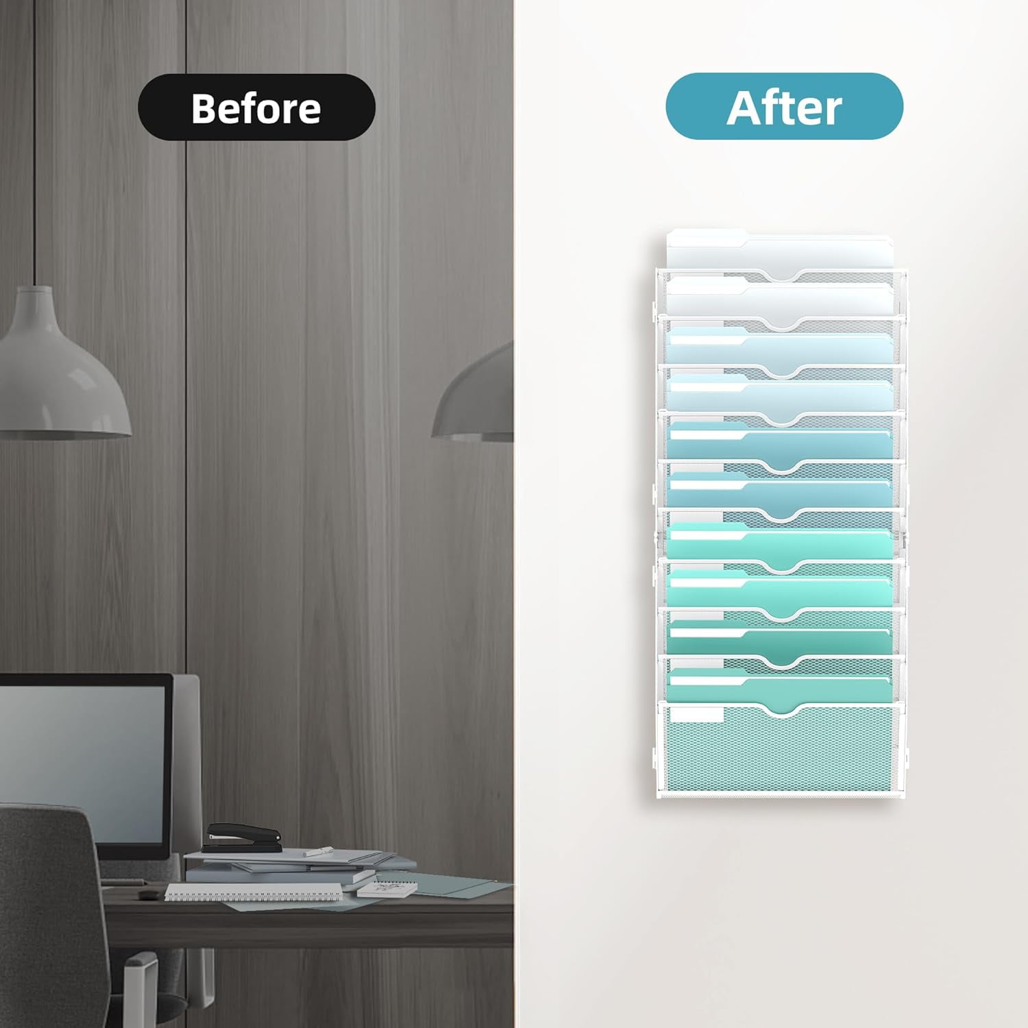 INTIGE 10-Tier Metal Wall File Organizer, Hanging Paper Organizer, White, Screw Mount