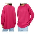 thumbnail image 2 of Women'S Crew Neck Sweater Long Sleeve Lantern Sleeve Hollow Knit Loose Casual Sweater Rose Red L, 2 of 9