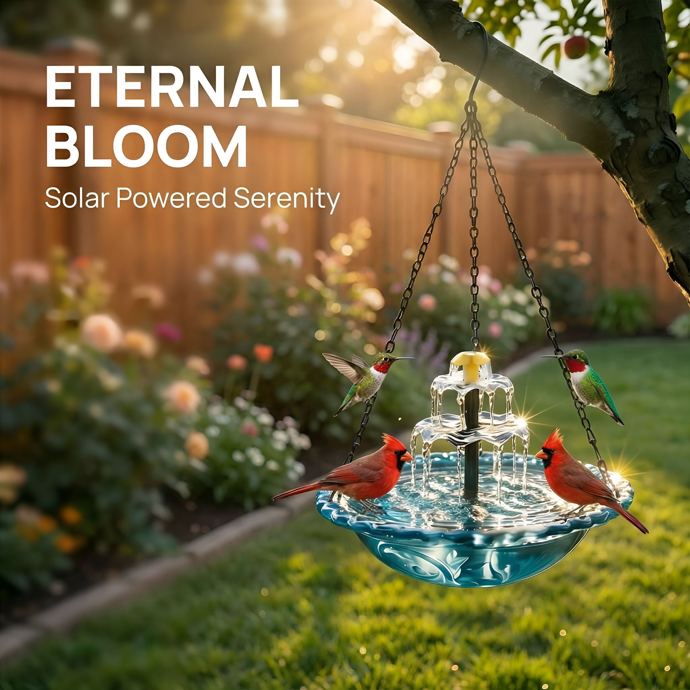 HIBIBUD Hanging Solar Bird Bath Fountain, Blue Wireless Cascading Water Feature – Solar Powered for Garden, Patio, Hummingbirds
