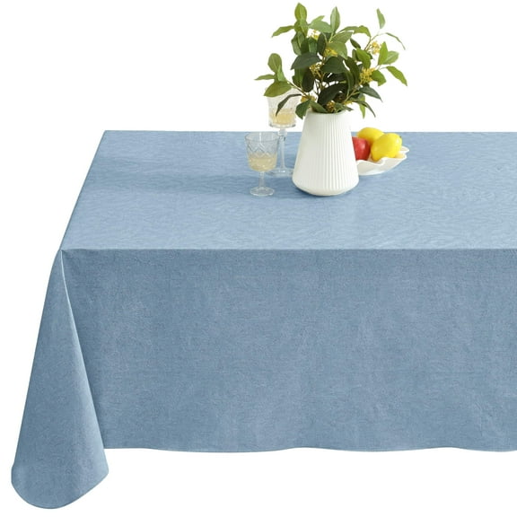 Newbridge Blue Napa Leaf Solid Color 52 x 52 inch Square Vinyl Flannel Backed Tablecloth