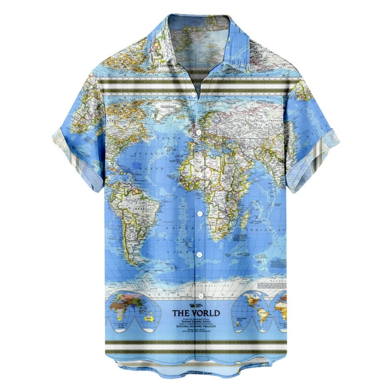 VSSSJ Hawaiian Shirts for Men Oversized Fit Fashion World Map Print Fast  Dry Summer Holiday Beach T Shirts Casual Front Pocket Button Down Short
