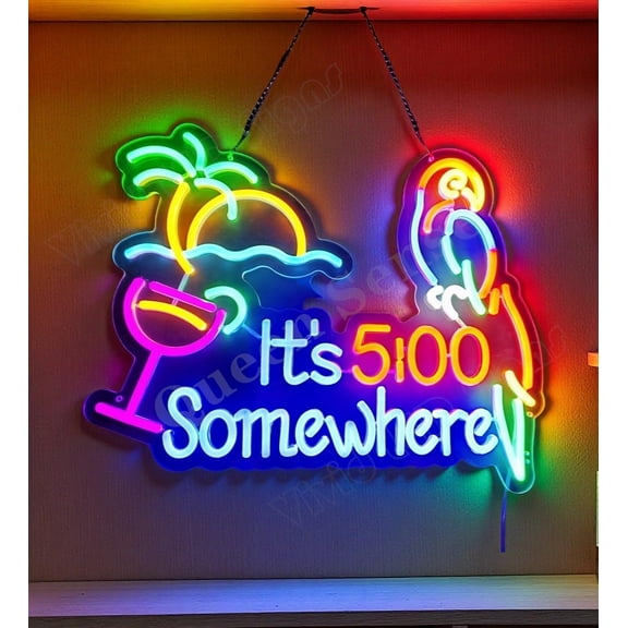 Queen Sense 16"x13" It's 5:00 Somewhere Palm Tree Cup Parrot LED Neon Sign for Wall Decor Dimmable USB Powered LED Light W116I5SWICP-5VLED