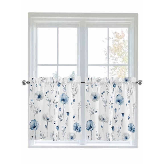 Half Window Curtain 36 Inches Long, Blue Floral Spring Window Treatment Curtain Drapes, Farmhouse Poppy Botanical Small Tier Curtains for Bathroom Over Sink, 27.5"x36", 2 Panels