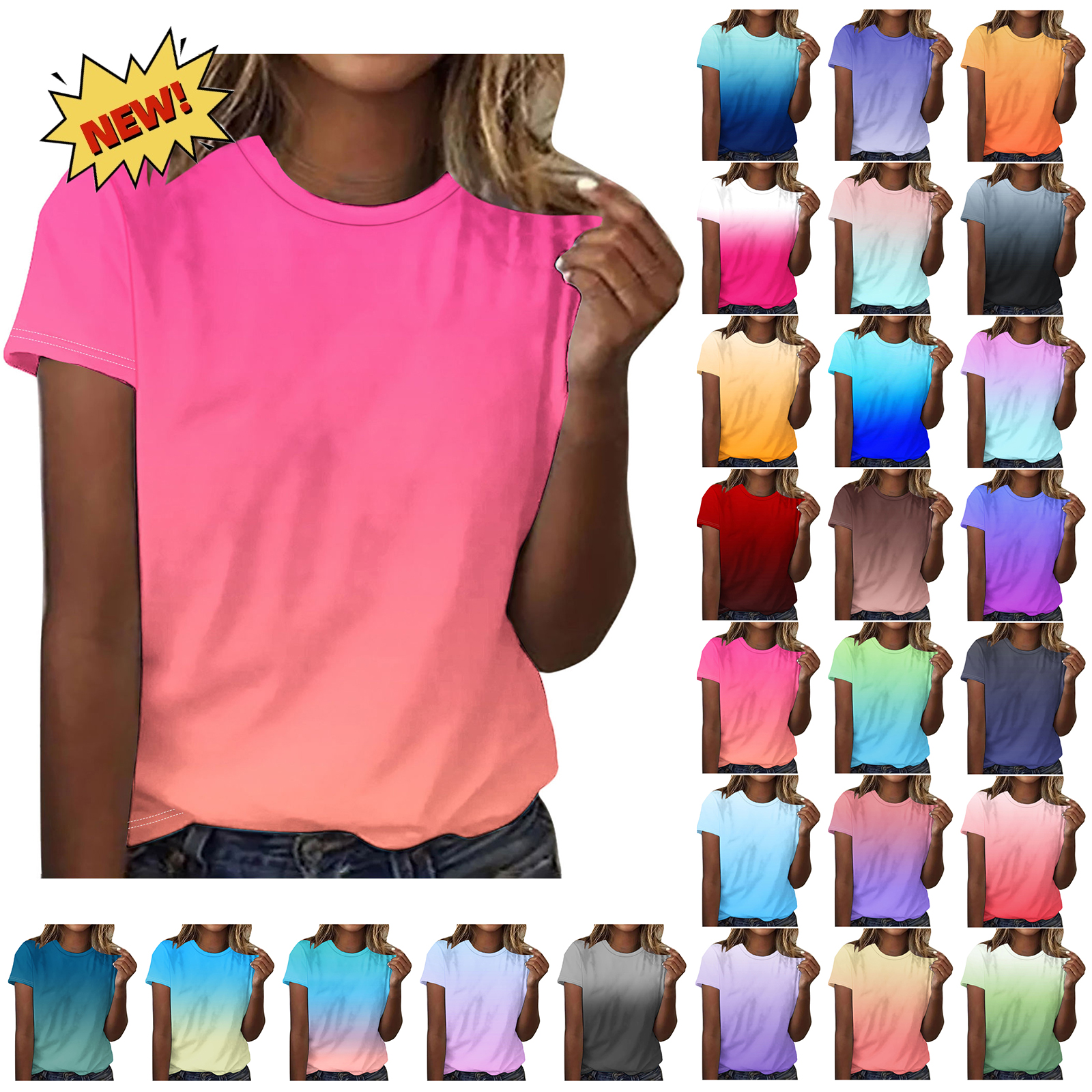 Danhjin Womens Round Neck Short Sleeve Cute T Shirts Gradient Color Summer Tops Casual Loose Tees Trending Nows