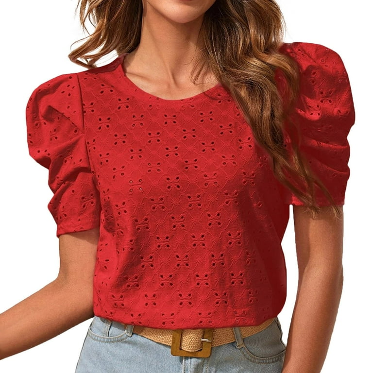 NKOOGH Hollow Chiffon Shirt Solid Puff Sleeve O neck Casual Top Office Lady Pullover T shirt Streetwear Top Abbigliamento Donna Red S