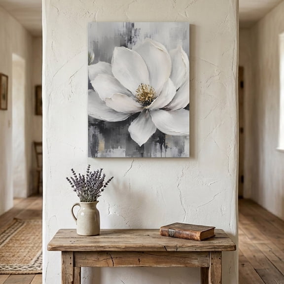 Grey White Floral Canvas Wall Art for Living Room Bedroom Bathroom, Vintage Minimalist Country Pastoral Flowers Canvas Art Wall Decor, Artwork for Walls Home Office Decor, 8"x10"