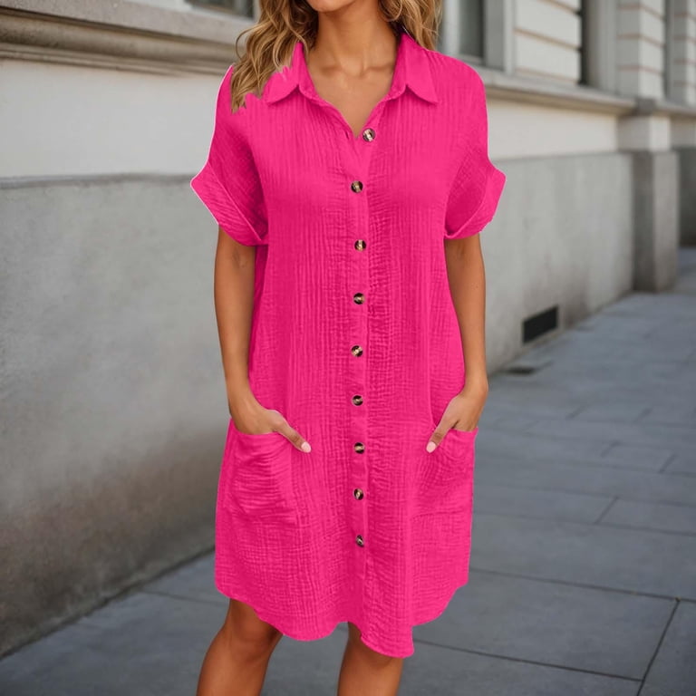 Tisuna Red Polo Shirt Dress For Womens Solid Color Short Sleeve Lapel Neck Dresses Ladies Stylish Fit Button Down Midi Dress Size Xxxl