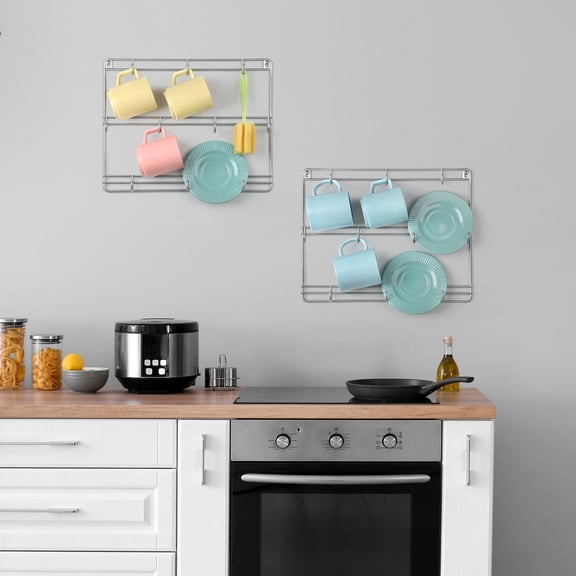 OYEAL 22.8-In Silver Metal Wall Mount Mug Rack - 3-Tier Cup Holder Organizer for Kitchen, Coffee Bar, Dining Room