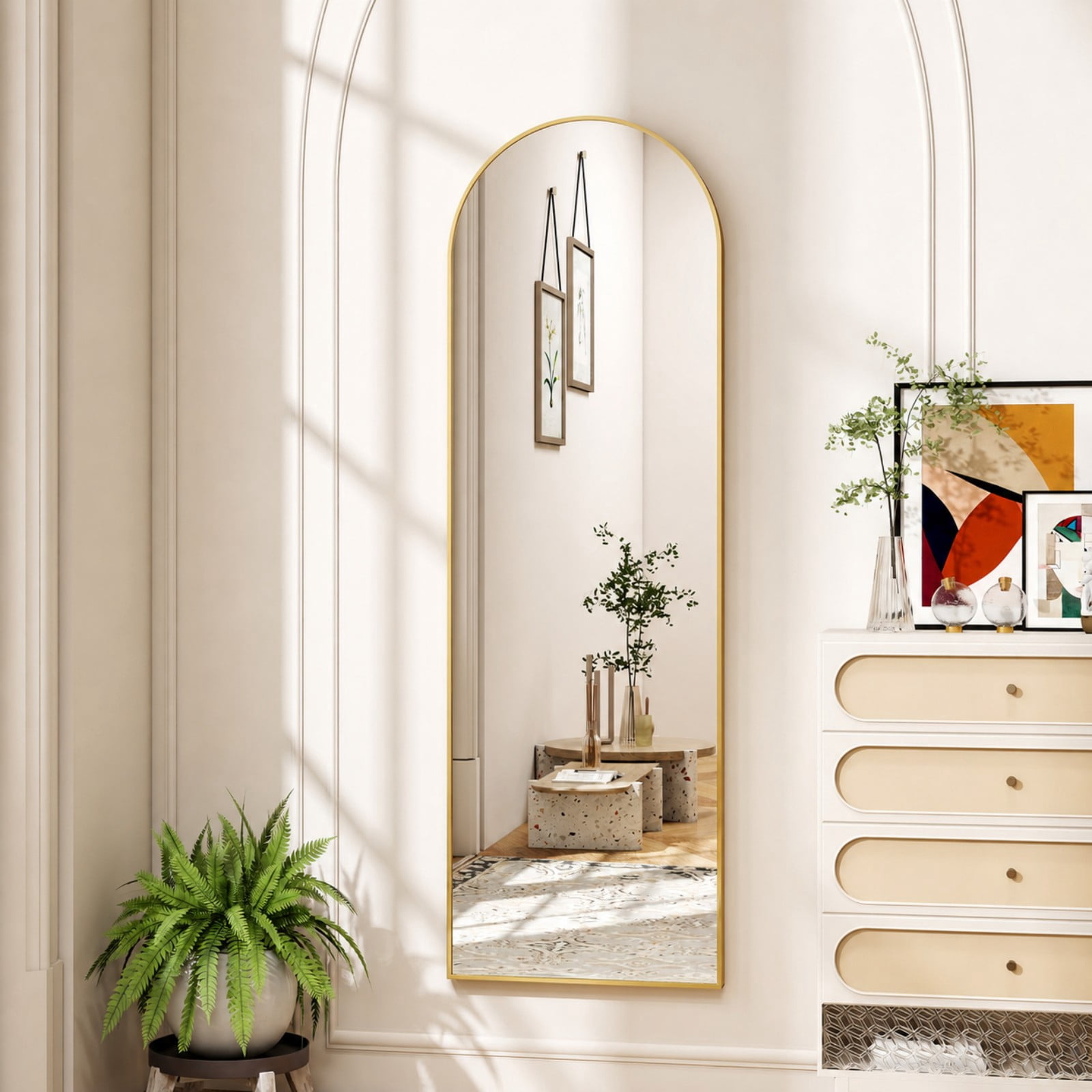SHATTERVIEW 56"x15" Arched Full Length Mirror Floor Mirror with stand, Gold