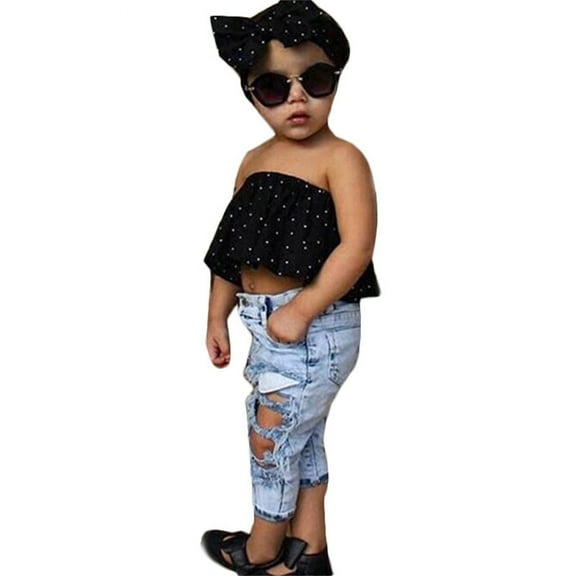 Toddler Girls Outfits Kids Off Shoulder T Shirt Tops Hole Denim Jeans Long Pants Headwear 3Pcs Set Clothes for Girls Size 4-5T
