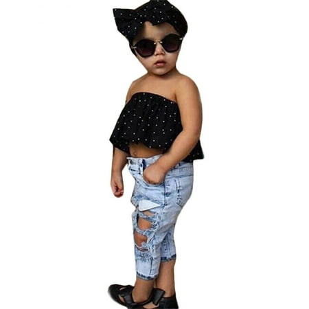 

Toddler Kids Girls Off Shoulder T Shirt Tops Hole Denim Jeans Long Pants Headwear 3PCS Outfits Set