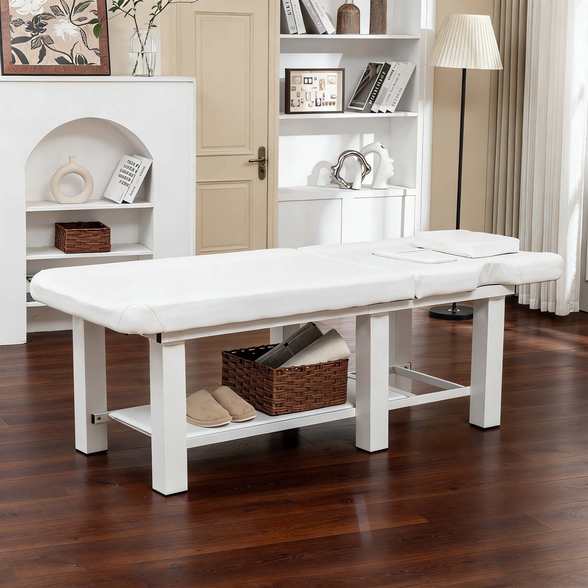 Miniyam 72.7" x 27.5" x 24.0" Massage Table – Adjustable Backrest 0-15°, Detachable Headrest, Bottom Storage, Waterproof Cushion, Steel Frame, 330 lbs – White for Spa Salon Tattoo Medical