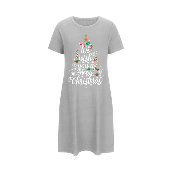 Tnhcen Holiday Plus Size Sleep Dress Funny Christmas Print Short Sleeve Round Neck Short Length Stretchy Polyester Spandex S-2XL for Cozy Nights
