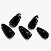 GLAMERMAID Black Press on Nails Medium Almond- Handmade Jelly Gel Gold Foil Flakes Short Pointed Fake Nails, Glossy Gel Metal Stiletto Stick Glue on Nails, Reusable Acrylic False Nail Kits for Women