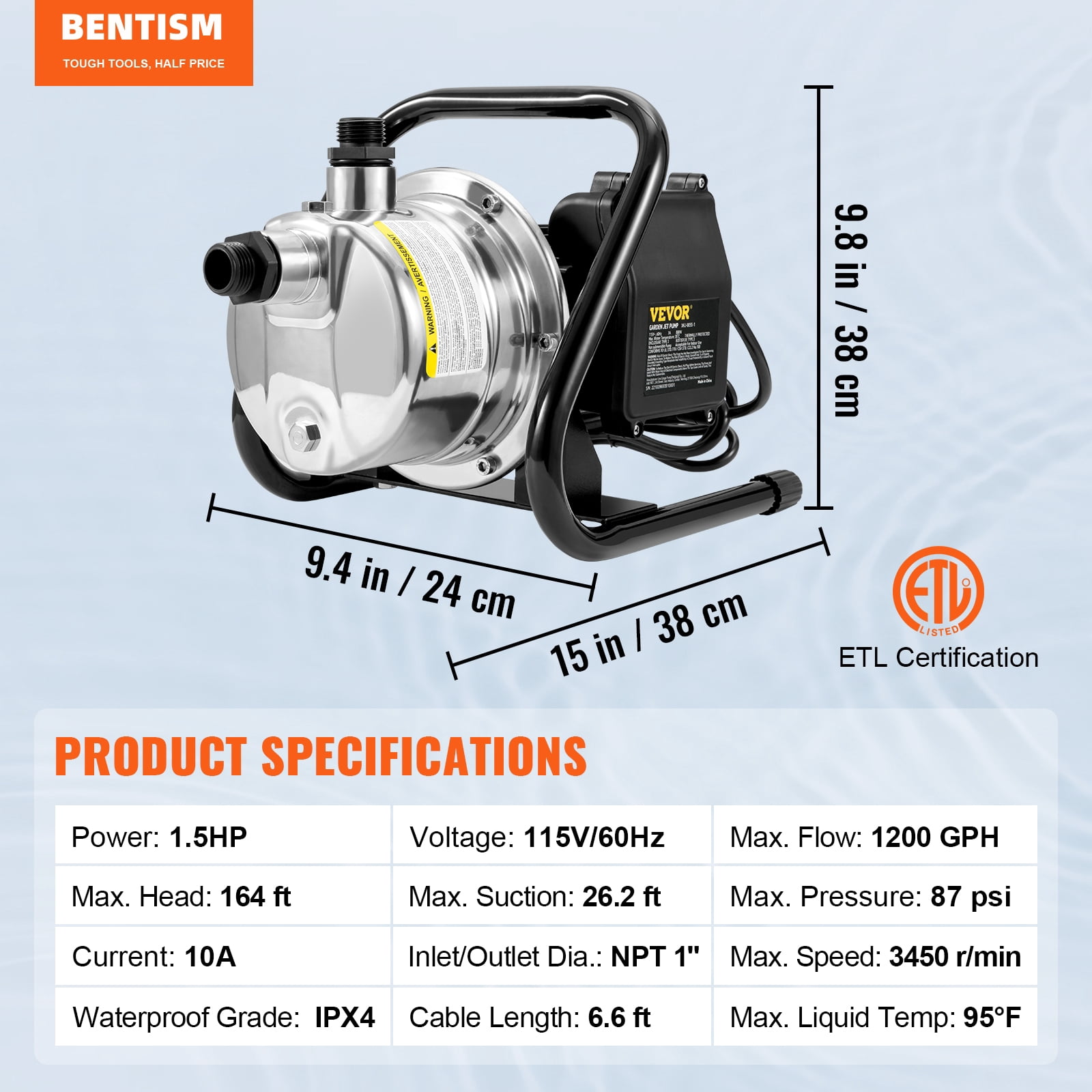 Bentism SDKQ23GPM110VCW84, 1.5HP, 115V, Shallow Well Water Transfer Pump, 20 GPM