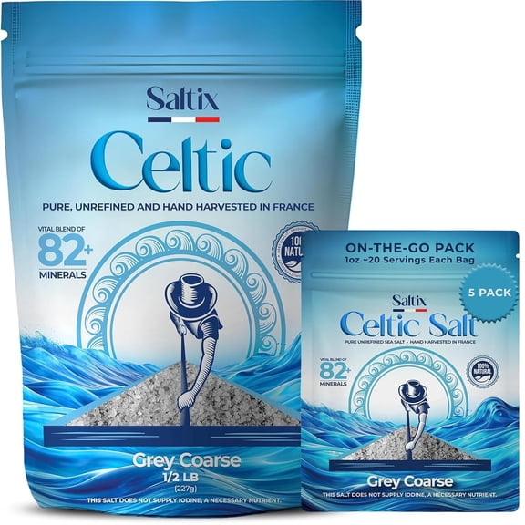 Saltix Celtic Grey Coarse Sea Salt Bundle – 8 oz Bag + 5 On-The-Go Packs (1 oz Each) Resealable Bag, 100% Natural, Unrefined French Sel, 82+ Minerals, Hand-Harvested, Perfect for Cooking & Finishing