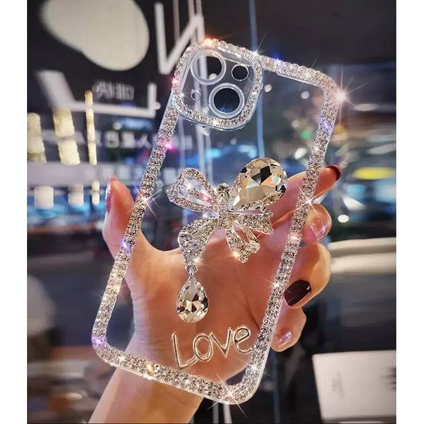 Fundas de teléfono con lazo bonito para IPhone 14 Pro Max, 13, 12, 11, XS, XR, X, Fundas transparentes con purpurina, Camelia, GEMA, protección de cámara Fivean unisex