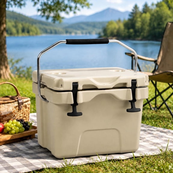 16 Quart Insulated Ice Cooler, 24-Can Capacity, 2 Cup Holders, Khaki