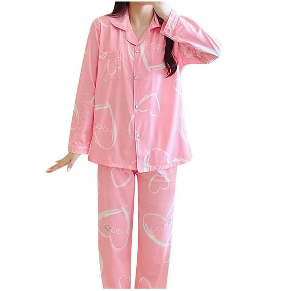 Enjoytime Womens Pajamas Pjs Set Long Sleeve Button Neck Printed Tops with Pants Lounge Sleepwear 2 Piece Plus Size Lounge Sets