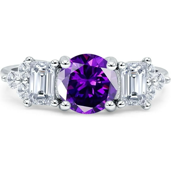 Vintage Style Round Three Stone Ring Amethyst Cubic Zirconia White Tone 925 Sterling Silver, Size 5