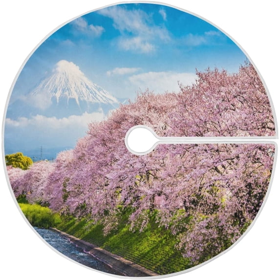 FMSHPON Mount Fuji Cherry Blossoms Xmas Christmas Tree Skirt Stand Mat for Holiday Party Decoration Indoor Outdoor 36 inches