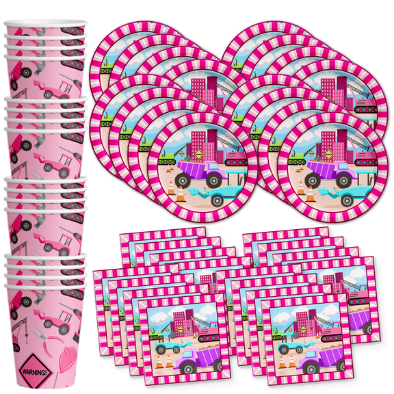 Girl Pink Construction Trucks Birthday Party Supplies Set Plates Napkins Cups Tableware Kit for 16