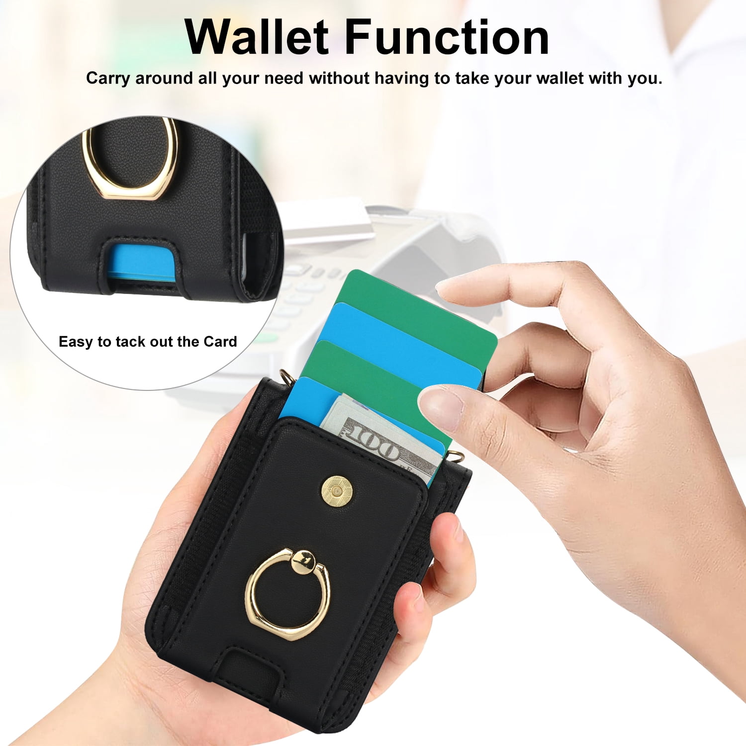for Motorola Razr 2024 Case, Retro PU Leather Shockproof Protection Phone Case Wallet Built in Credit Card Slots Flip Cover Finger Ring Stand with Long Strap + Short Strap, Black