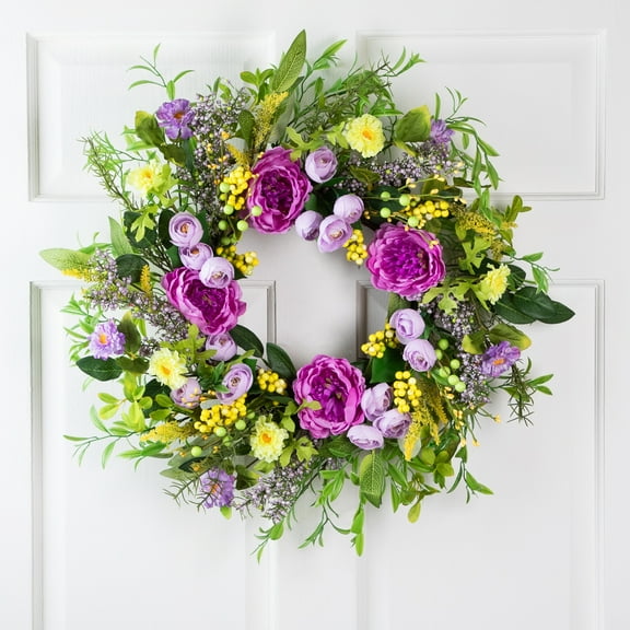 Northlight Peony Mixed Floral Springtime Wreath - 24" - Purple and Yellow