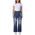 thumbnail image 2 of Jeans rasgados para mujer INSPIRE CHIC, con botones frontales, elásticos, agujeros destruidos, de tiro alto, color azul profundo, 2 of 6