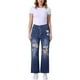 thumbnail image 2 of Jeans rasgados para mujer INSPIRE CHIC, con botones frontales, elásticos, agujeros destruidos, de tiro alto, en denim azul profundo, 2 of 6