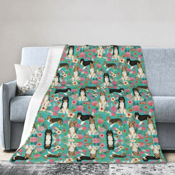 Wijzvio Sheltie Dog Green Flower Floral Throw Blanket Soft Fuzzy Fleece Blanket For Couch Bed Living Room Decoration 40"X30"