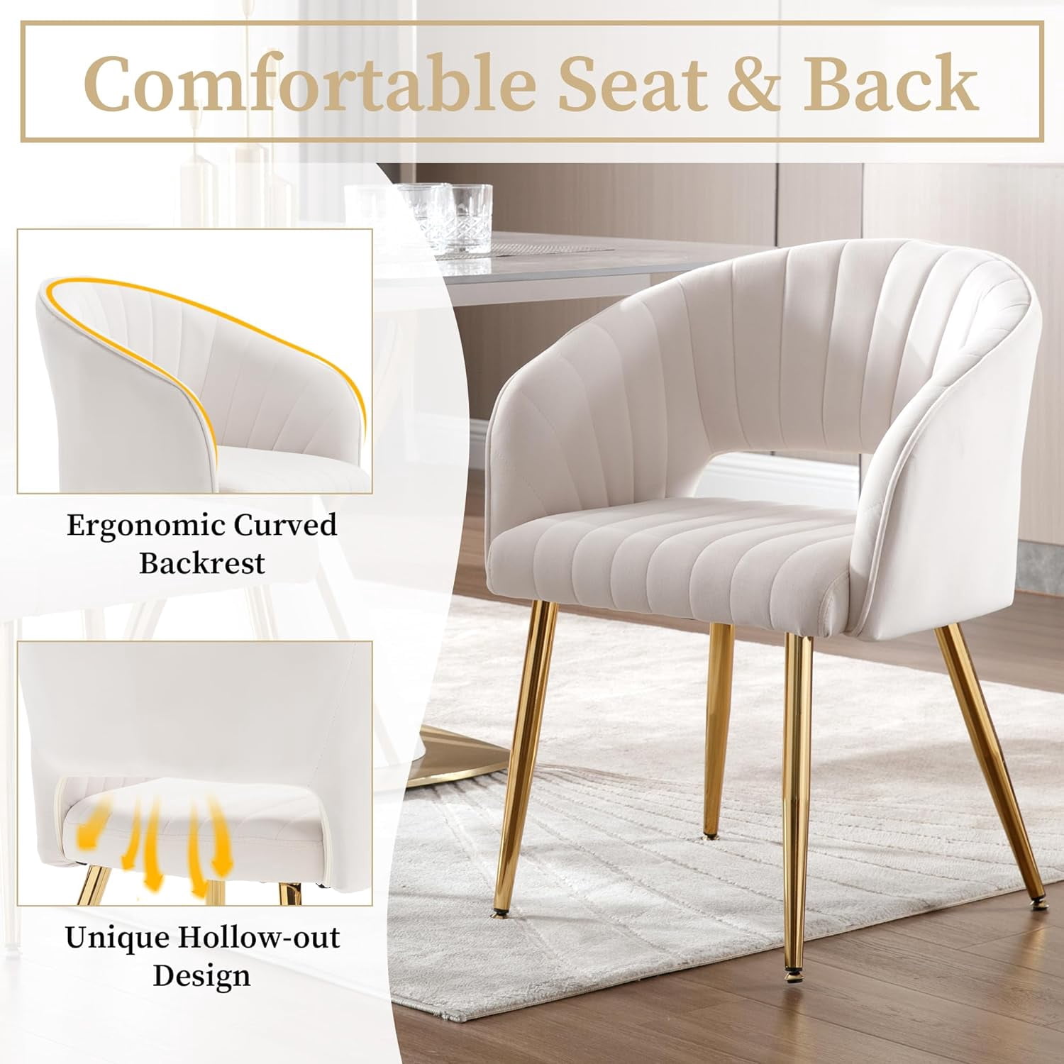 Westice Velvet Home Office Desk Chair, Modern Tufted Vanity Chairs with Gold Metal Legs, Upholstered Accent Armchair for Living Room Restaurant, White