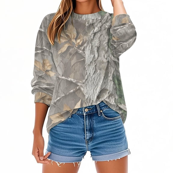Womens Long Sleeve Shirts 2026 Fashion Country Camo Maple Graphic Shirt Casual Oversized Crewneck Pullover Tops