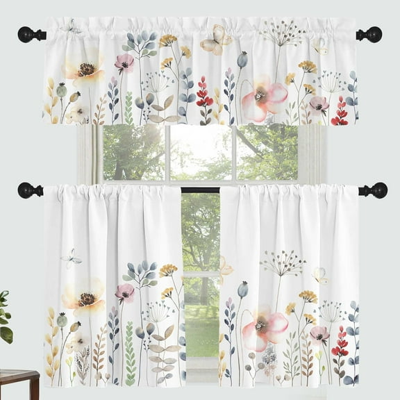 Floral Leaves Curtain for Kitchen Bathroom Watercolour Pink Flower Rod Pocket Window Tier Curtains Valance Set 3 Pcs Plant Printed Curtains 54 x 18 inches   27 x 36 inches *2